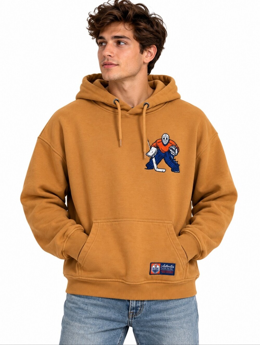 Edmonton Oilers Authentics Hockey Club Goalie Hoodie Tan Small